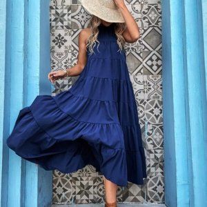 Boho Tie Back Ruffle Hem Smock Dress Navy blue